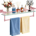 Bathroom Glass Shelf Towel Rack Shelf Glass Organizer Wall-Mounted Bathroom Storage SUS304 Stainless Steel Towel bar/Track Wall-Mounted Tempered Glass Stainless Steel Shelf (Pink, 24‘’ with Railing)