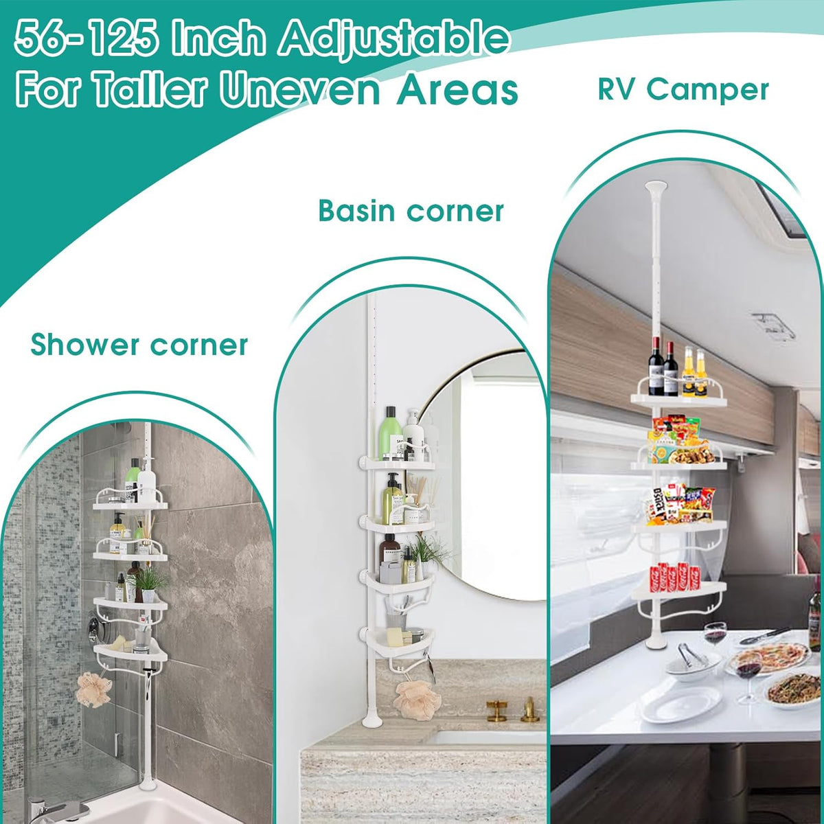 Corner Shower Caddy:125" Adjustable Inside Tension Shower Organizer Tension Pole,Rustproof Bathroom Organizer Shelves for Bathtub Shampoo Conditioner Storage,Floor to Ceiling Standing Showering Rack