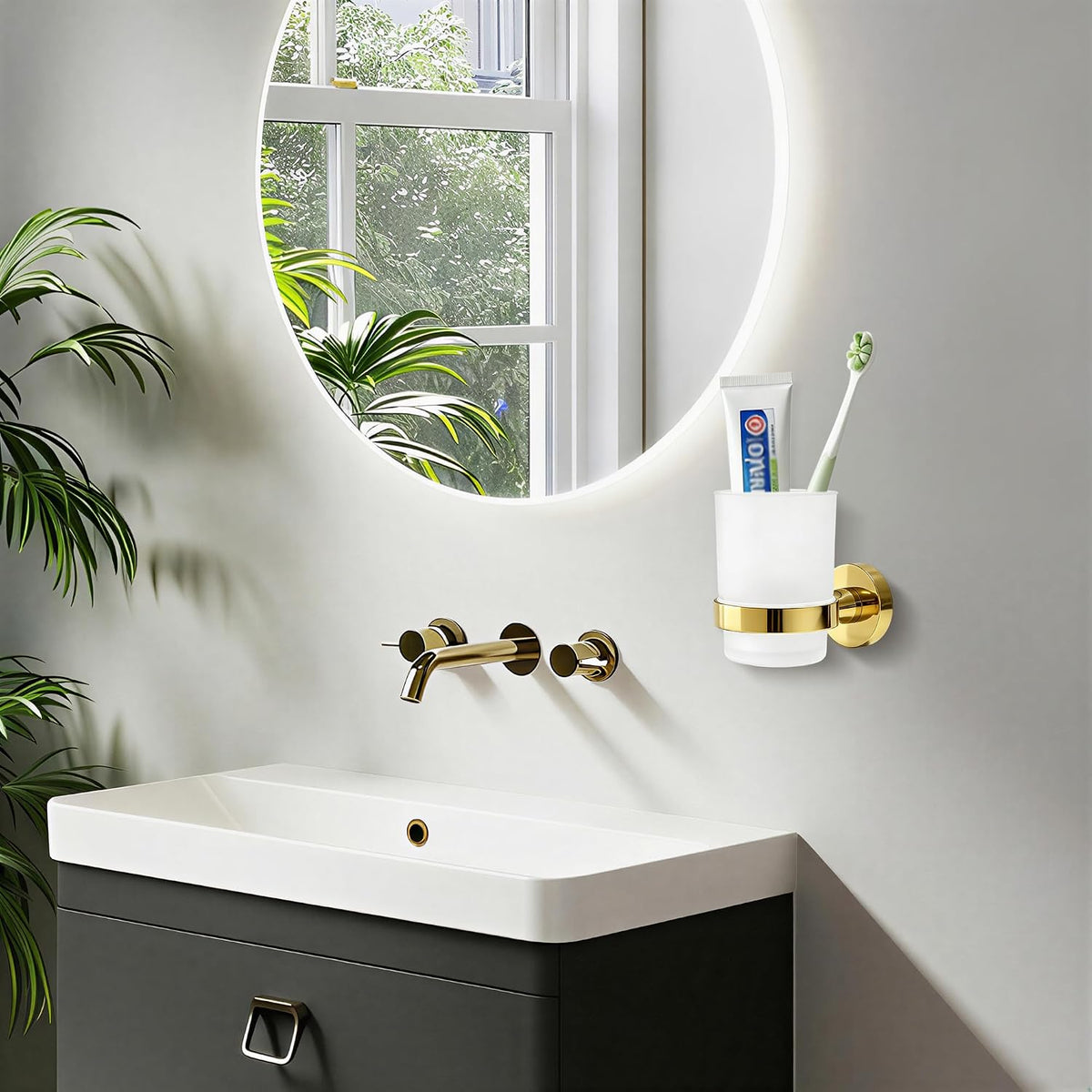 Toothbrush Holder with Frosted Glass Cup-Gold