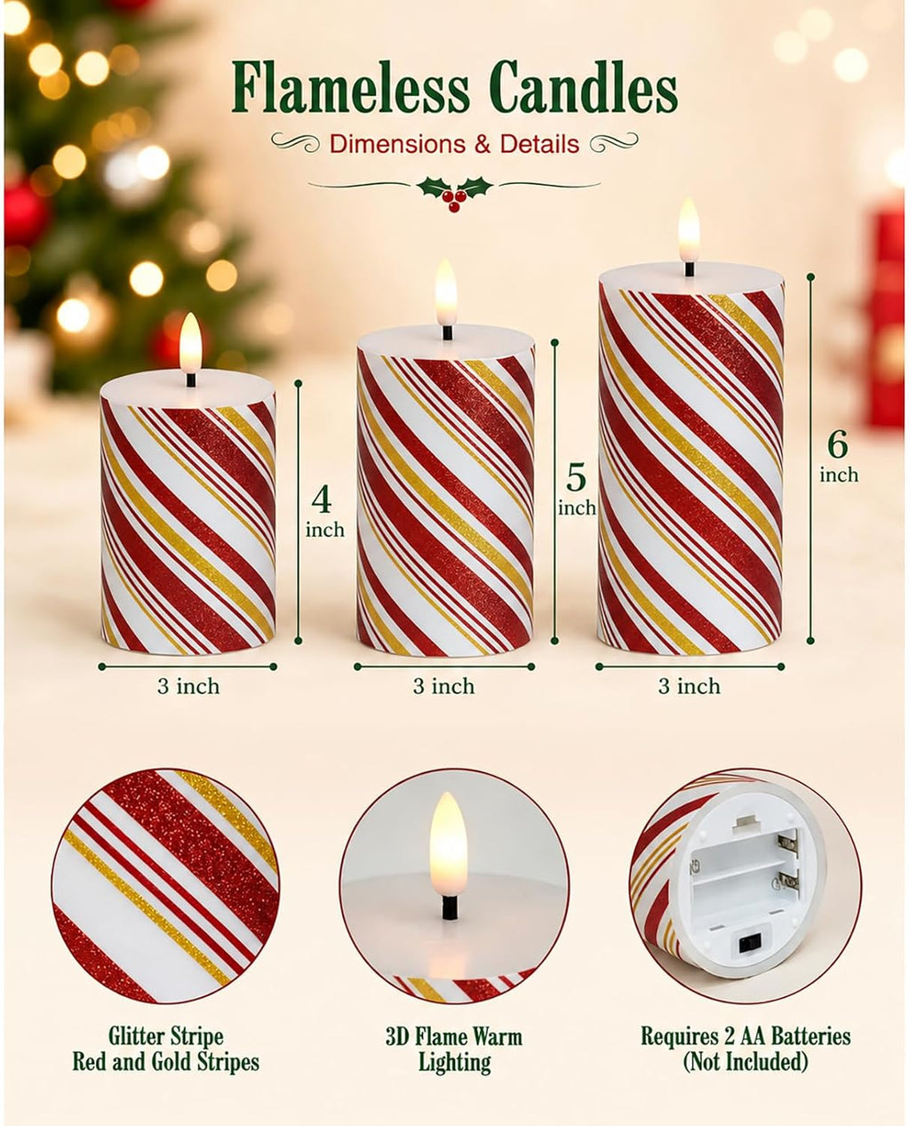 Christmas Flickering Flameless Candles, Red Stripes-Thin Real Wax Flickering Battery Operated Candles for Christmas Holiday Home Decor, Set of 3 (D3 x H4 5" 6")