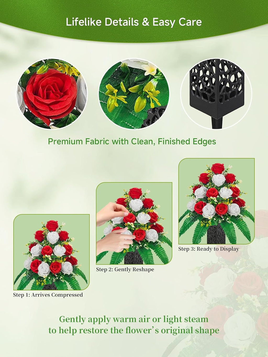 Mirevielyn 18-Stem Artificial Rose Cemetery Flowers with Spiked Vases