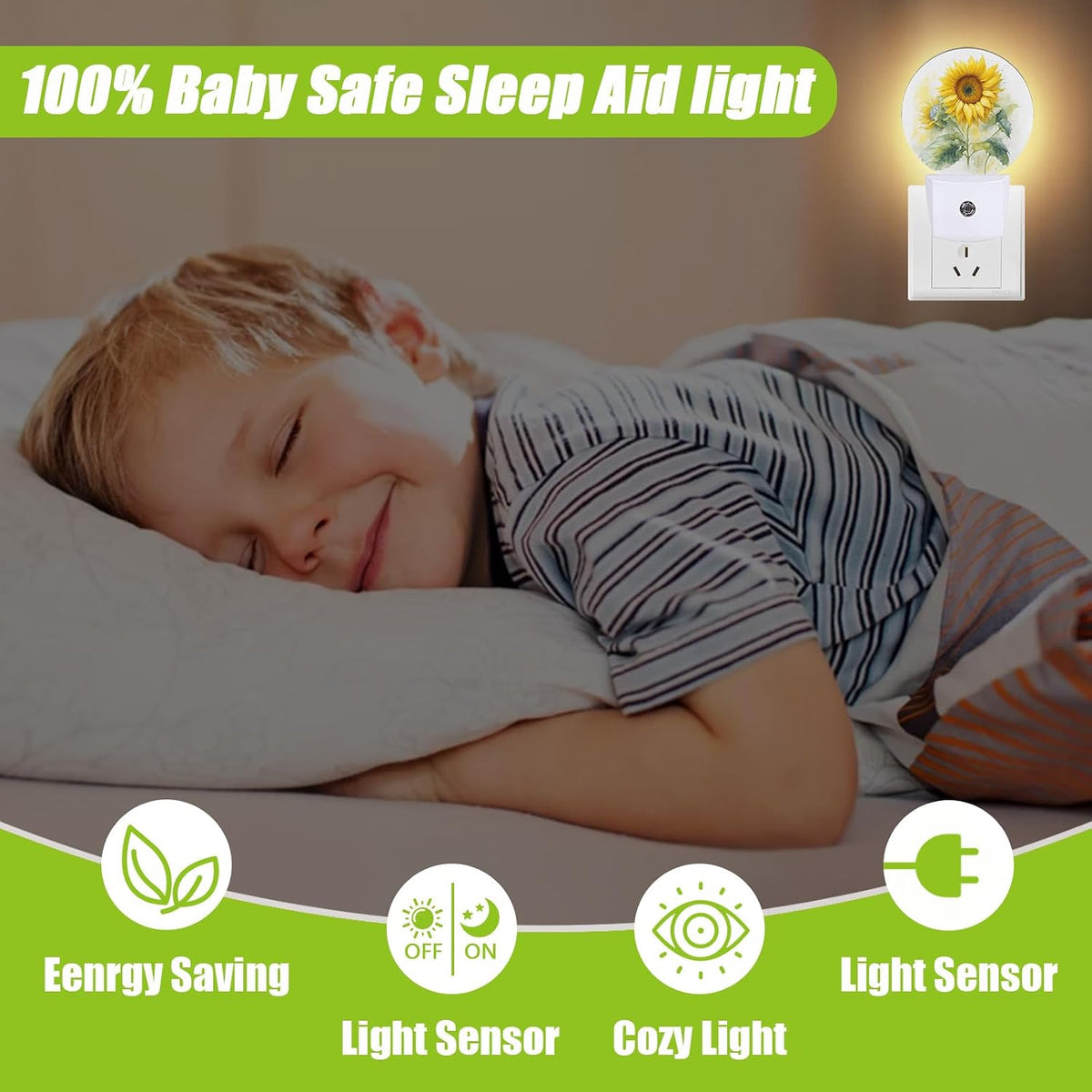 Watercolor Sunflower Night Light,Sunflower Green Leaf Plug-in Night Lights with Dusk-to-Dawn Sensor for Bedroom Bathroom and Living Room Sleep Friendly lamp