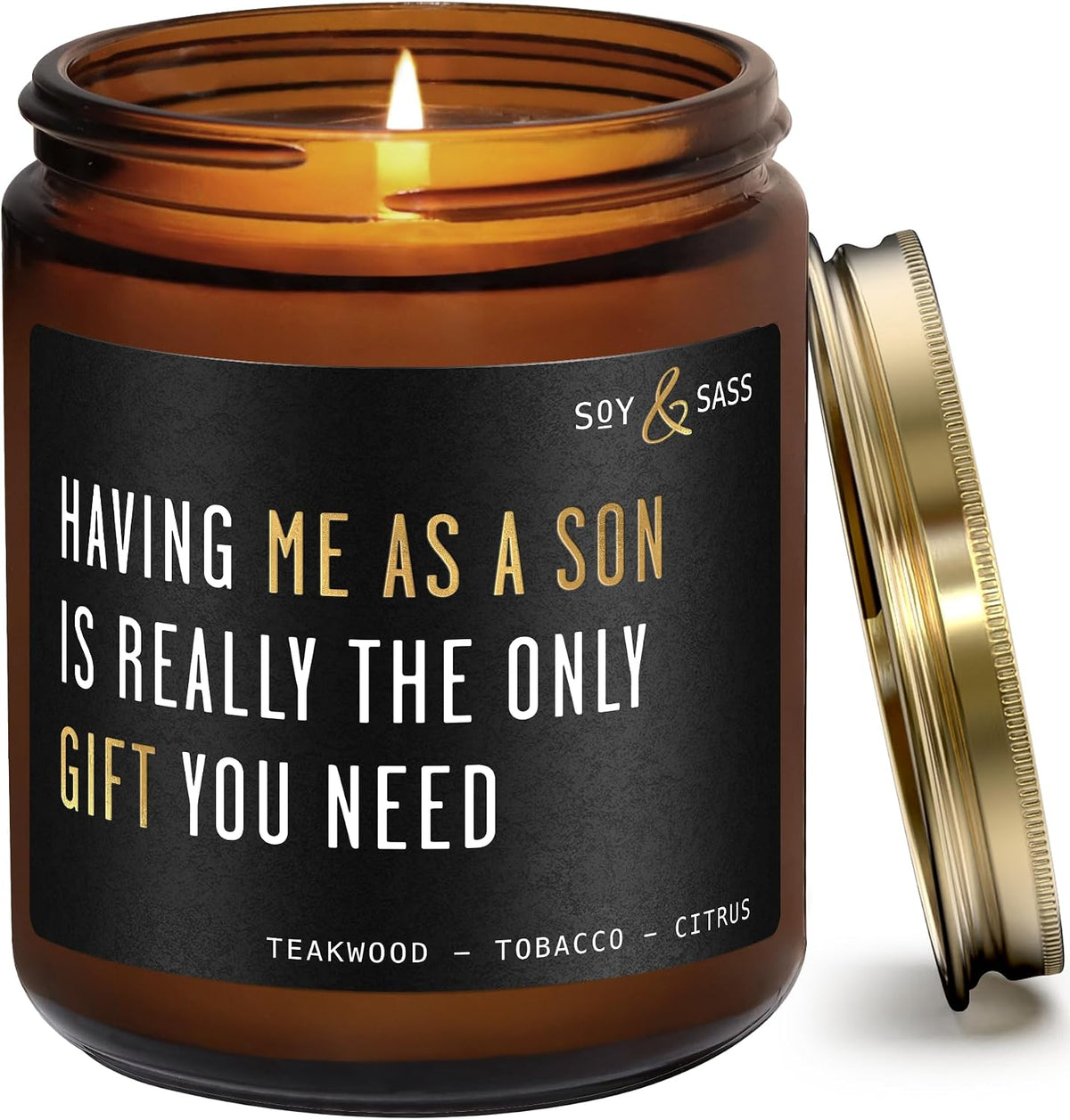 Mom Gifts from Son for Birthday or Christmas - 'Having me as a Son' Soy Candle, w/Mahogany Teakwood I Mothers Day Gifts for Mom Ideas I 50Hr Burn, USA Made