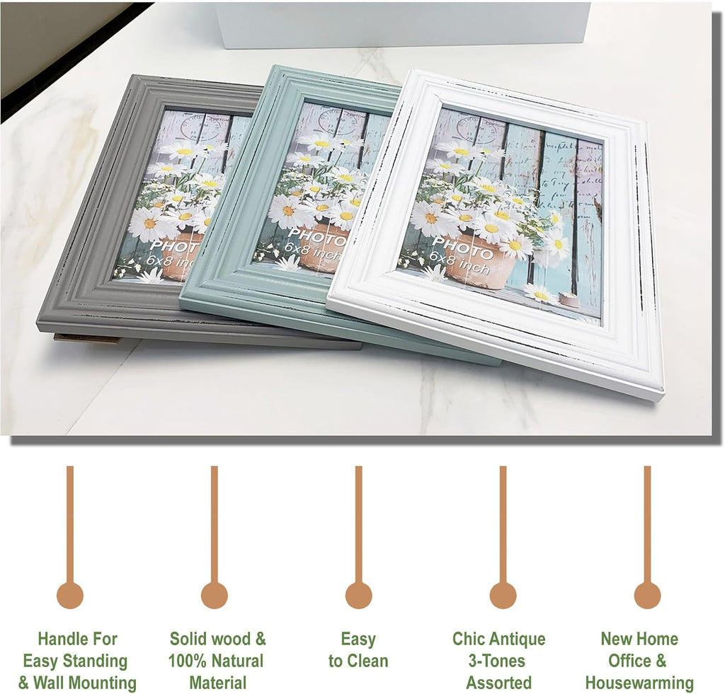 Distressed Shabby Chic 6"x8" Wooden Picture Frames 3pcs (Aqua Gray White)