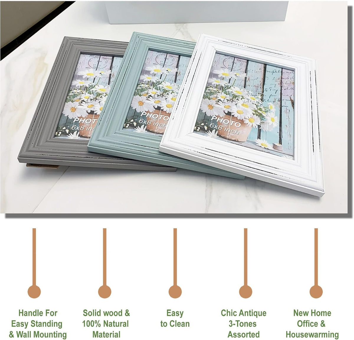 Distressed Shabby Chic 6"x8" Wooden Picture Frames 3pcs (Aqua Gray White)