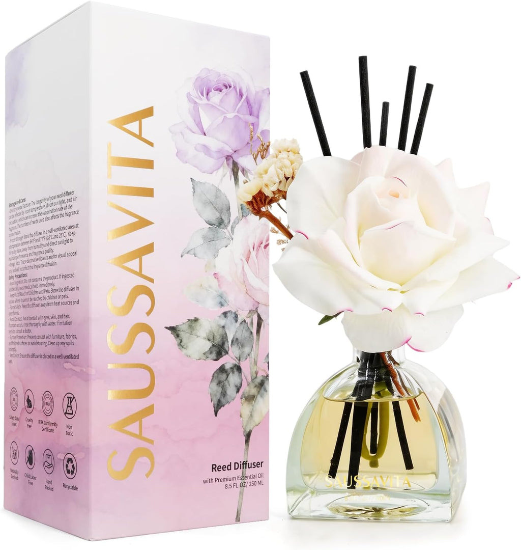 Reed Diffusers Set Jasmine&Lily Scented Diffuser for 140 Days, Flower Diffuser 8.5 fl oz with Dried Flowers and Decorative Rose, Long Lasting Home Fragrance 10 Sticks for Bedroom, Shelf, Office Decor