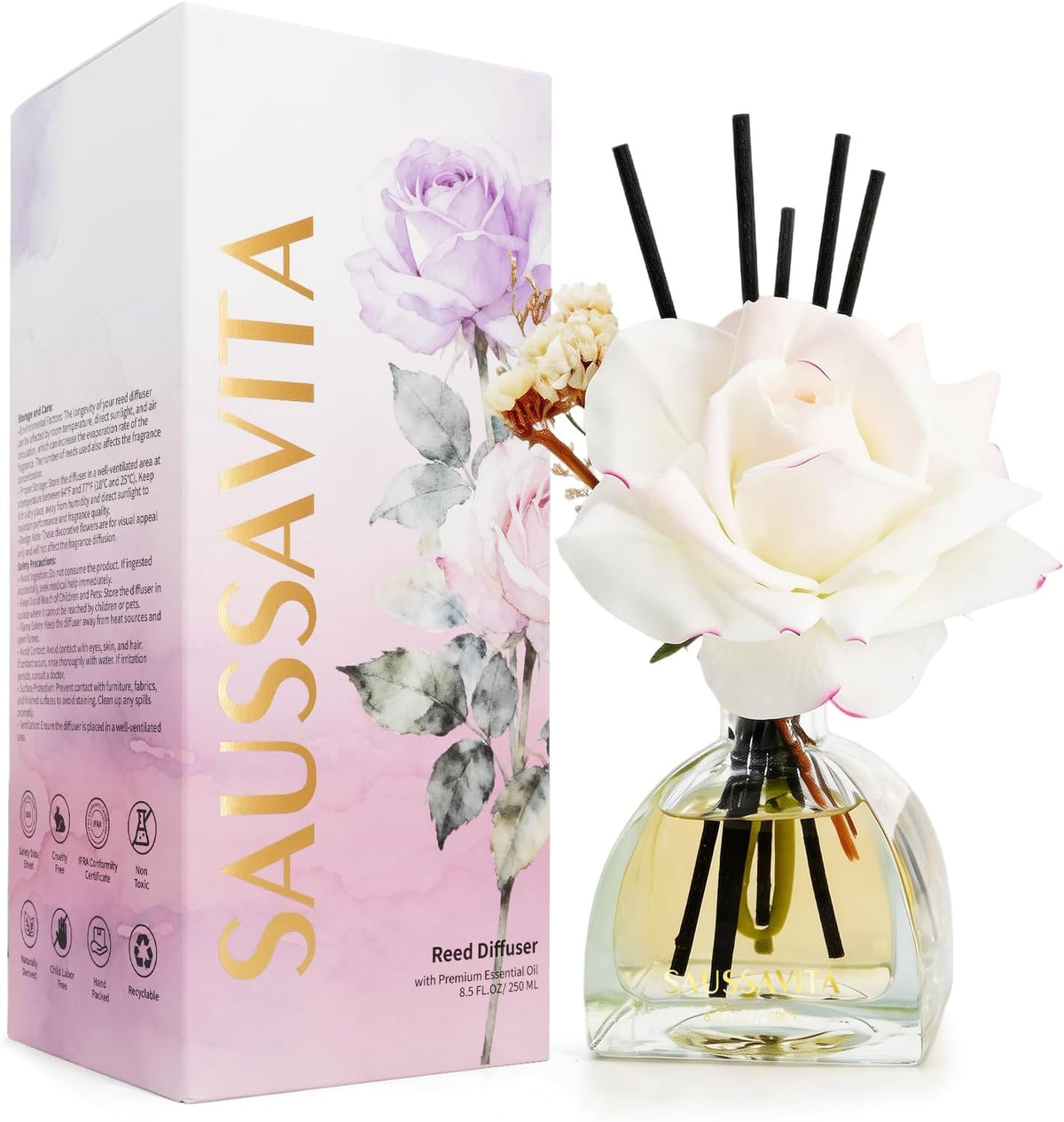Reed Diffusers Set Jasmine&Lily Scented Diffuser for 140 Days, Flower Diffuser 8.5 fl oz with Dried Flowers and Decorative Rose, Long Lasting Home Fragrance 10 Sticks for Bedroom, Shelf, Office Decor