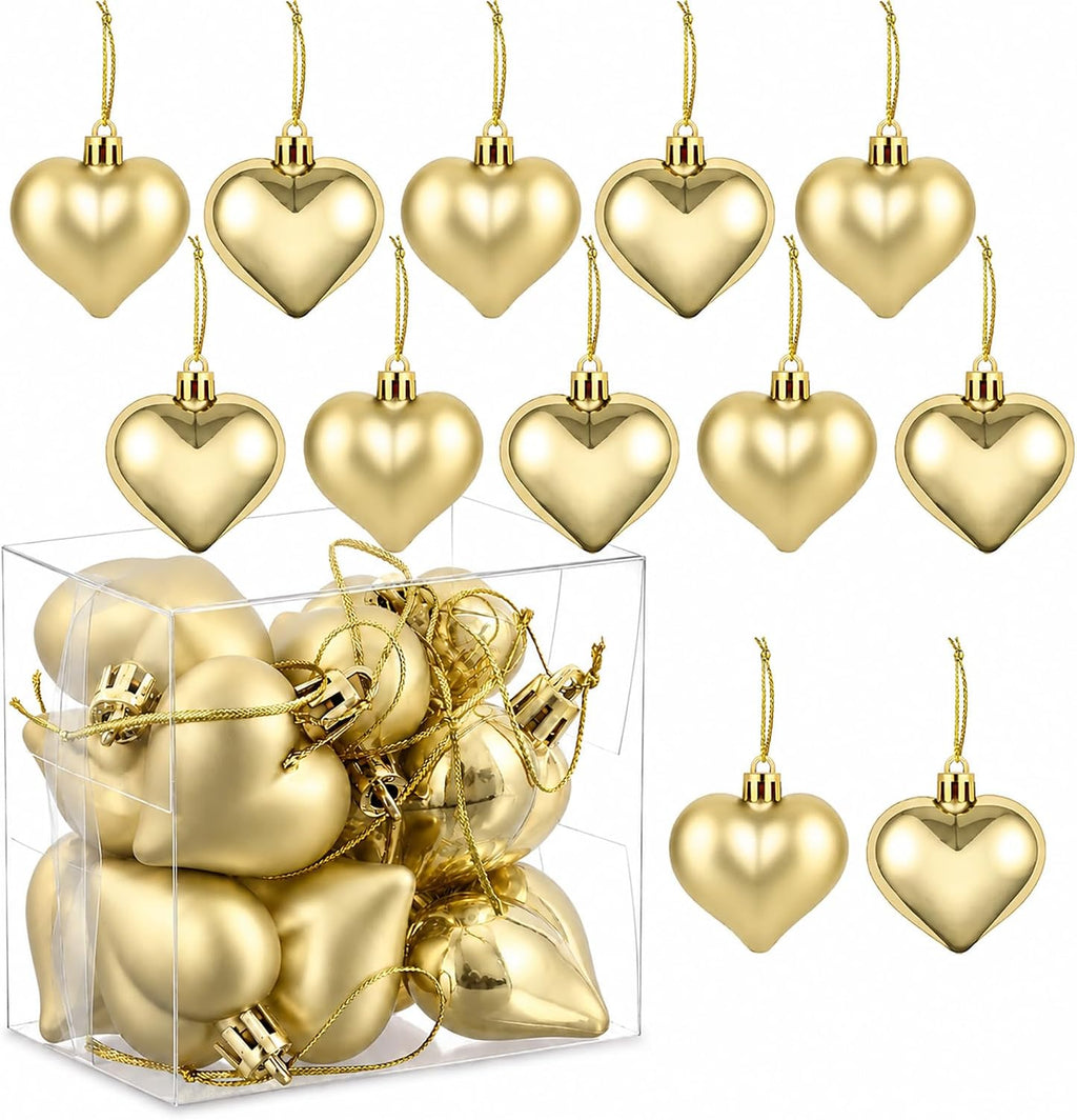 Set of 12 Gold Heart Ornaments for Christmas Valentine Tree Decorations, 1.8 inch Mini Valentines Ornaments for Small Tree, Heart Shaped Plastic Shatterproof Hanging Balls Holiday Party Decor