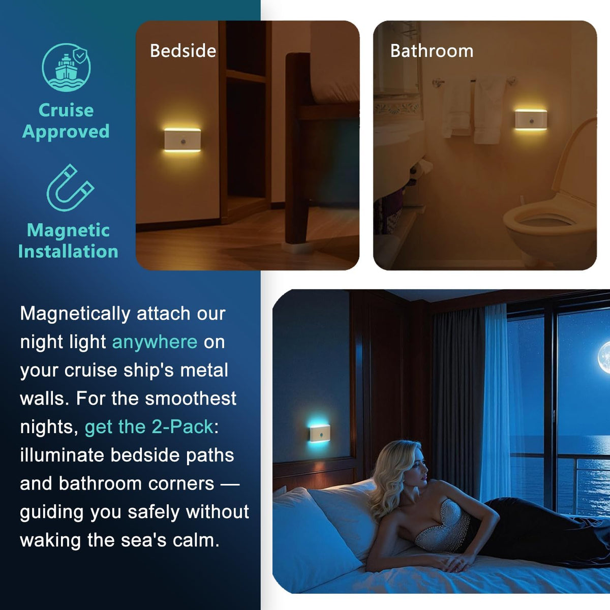 2-Pack Motion Sensor Night Light – Cruise Approved, Magnetic & Rechargeable with USB, RGB Color-Changing Modes, LED Auto Nightlight for Cabin, Bathroom, Hallway, Bed or Stairs (Indoor Travel Use)
