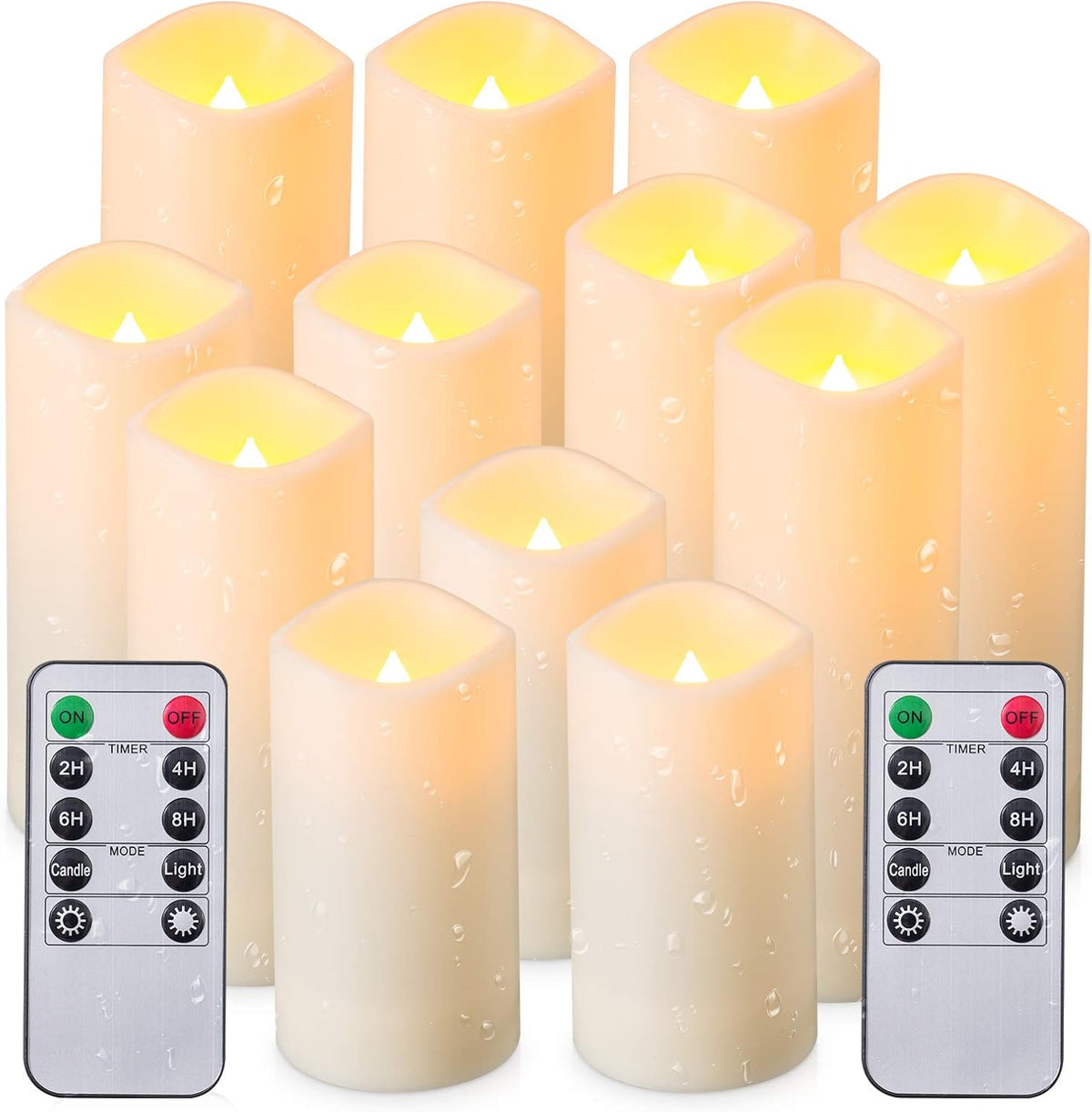 Enpornk Waterproof Flickering Flameless Candles, Set of 12 Battery Operated Candles (D2.2'' x H4''5''6''7"), Outdoor Indoor Candles with 10-Key Timer Remote, Long Lasting