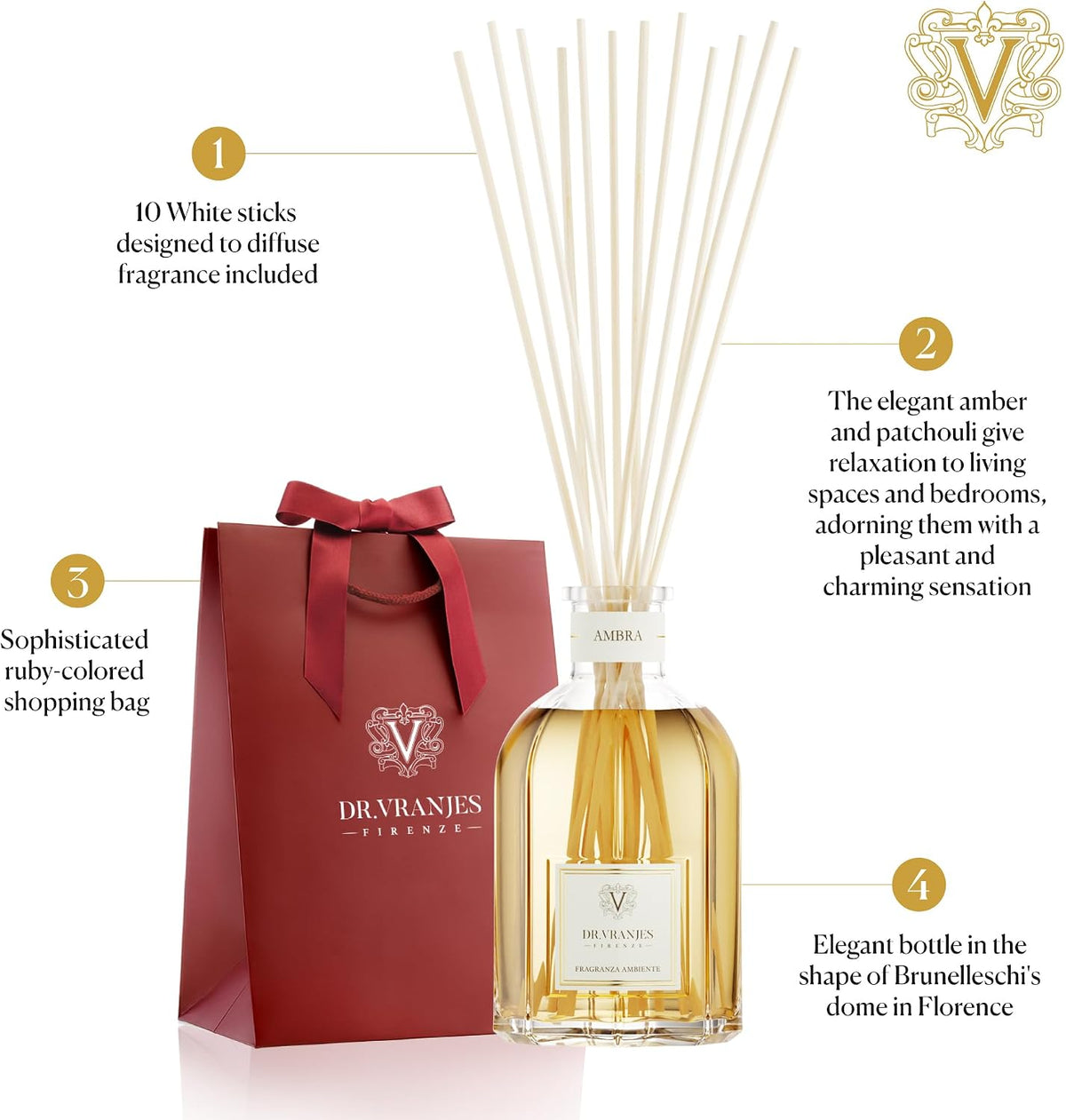Dr. Vranjes - Ambra 250 ml Reed Diffuser + Elegant Shopping Bag, Luxury Home Fragrance, Made in Italy, Amber, Patchouli, Sandalwood