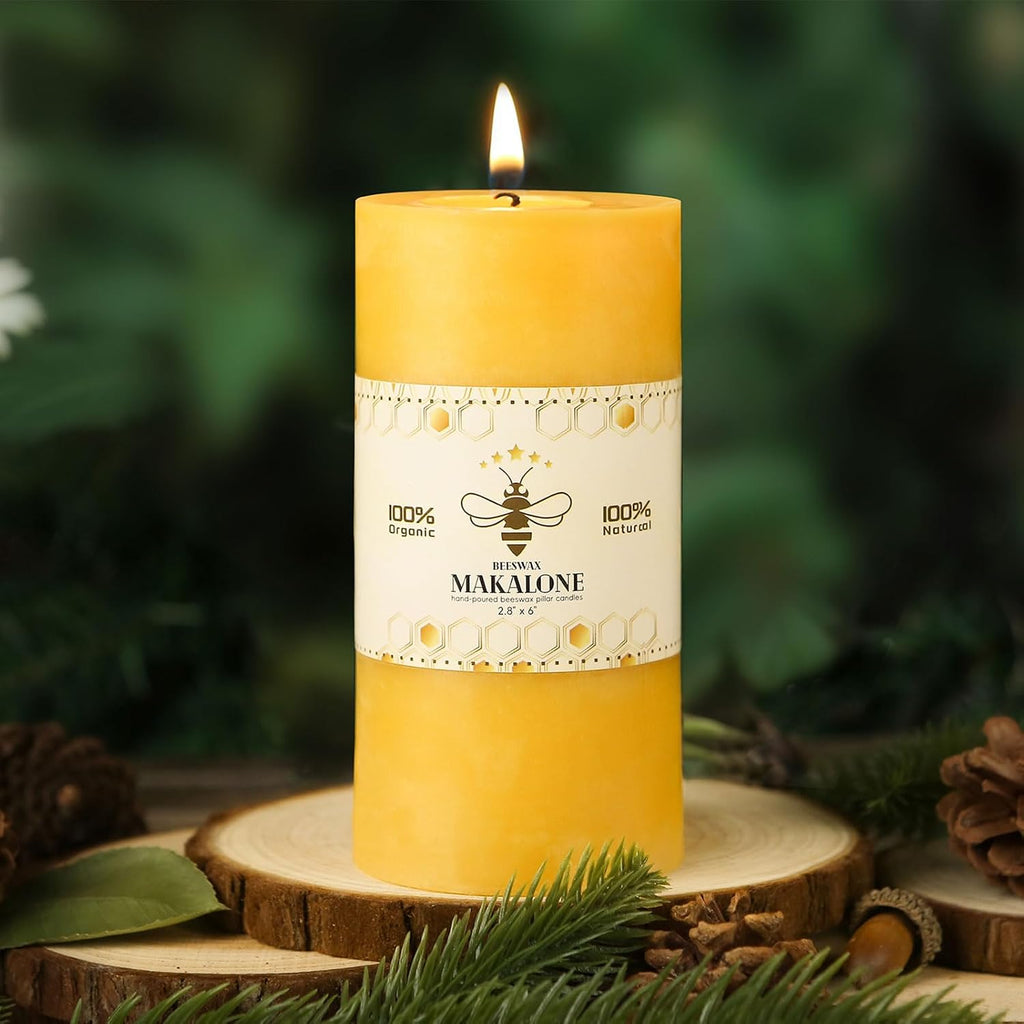 Natural Beeswax Pillar Candles, Non Toxic, 2.8x6 inch,1 Pack,95 H Long Burn
