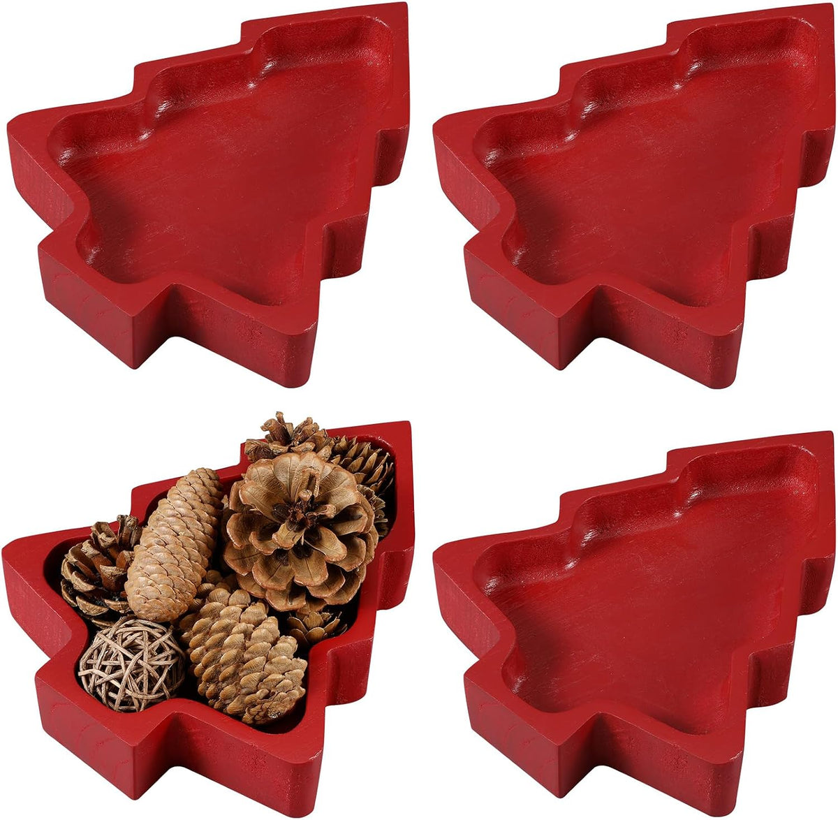 Jingmore 4 Pcs Christmas Wooden Bowl Xmas Tree Tray Dough, Red