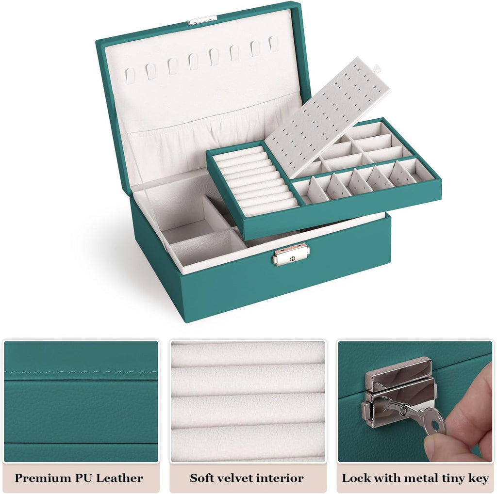 Jewelry Box for Women Girls, 2 Layers Jewelry Organizer Container with Lock, PU Leather Storage Case with Removable Tray, Jewelry Display Box for Necklaces Earrings Bracelets Rings Watches (Green)