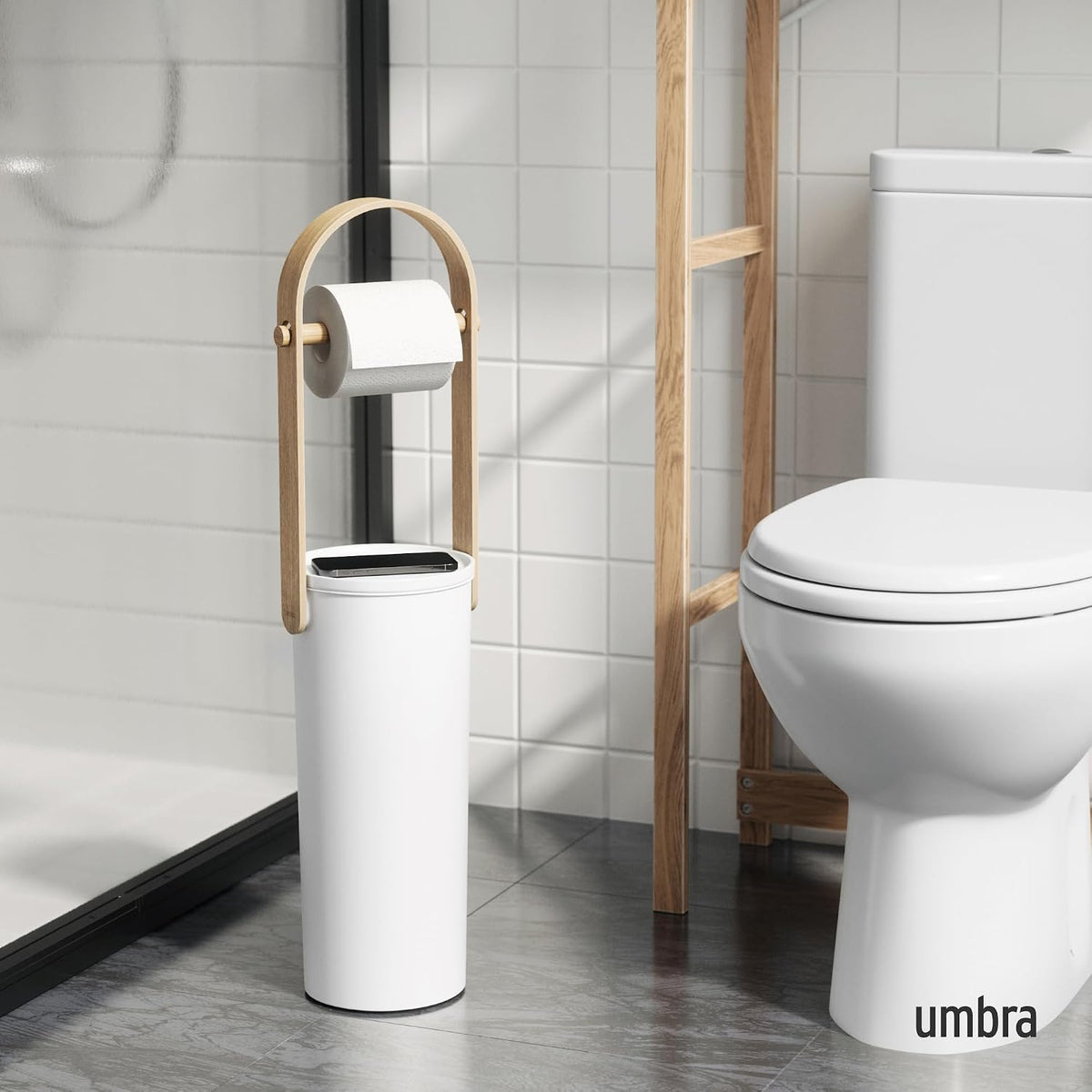 Umbra Bellwood Toilet Paper Holder, with Storage, 3 Rolls, White/Natural