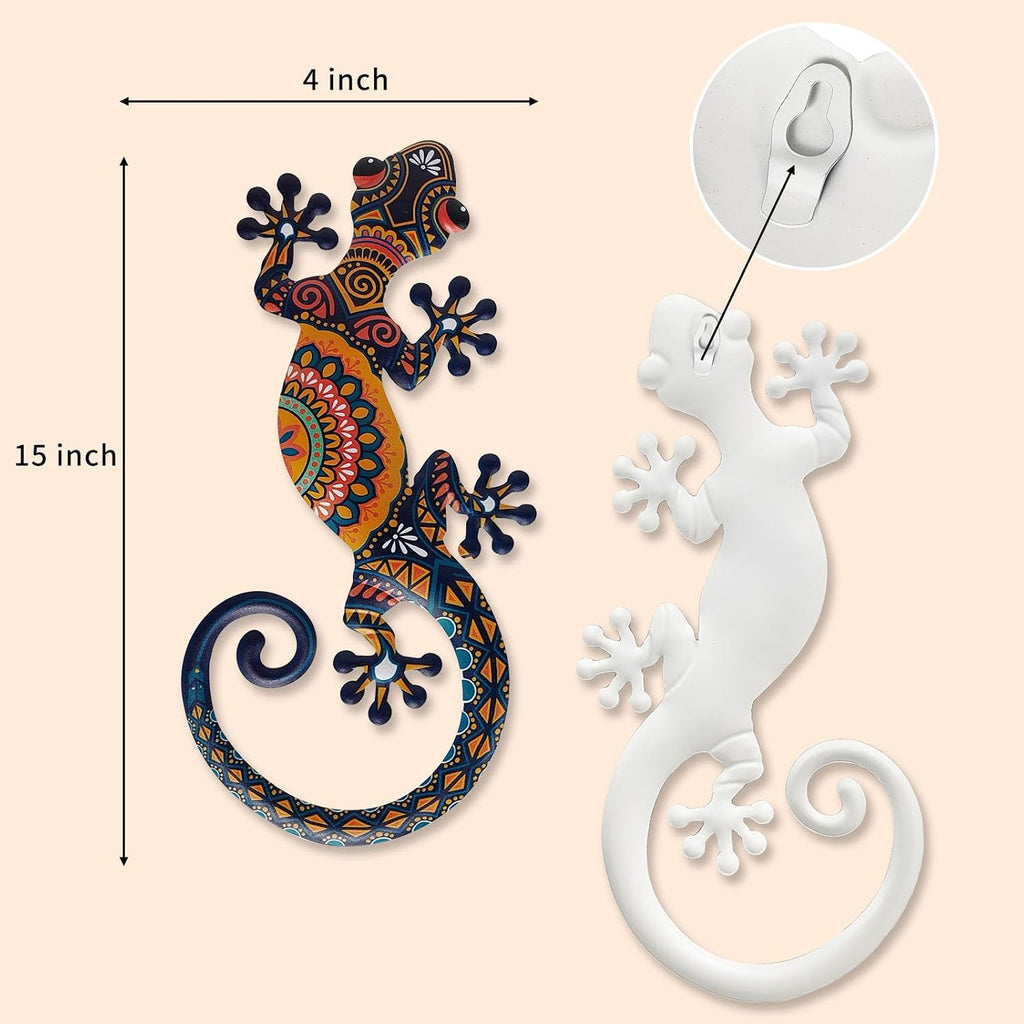 LIFFY Metal Lizard Gecko Wall Art - 2 Pack 15 Inch Metal Wall Decor, Lizard Outdoor Hanging Glass Sculpture Decoration for Yard Garden Art, Patio Fence Home, Unique Gift Ideas