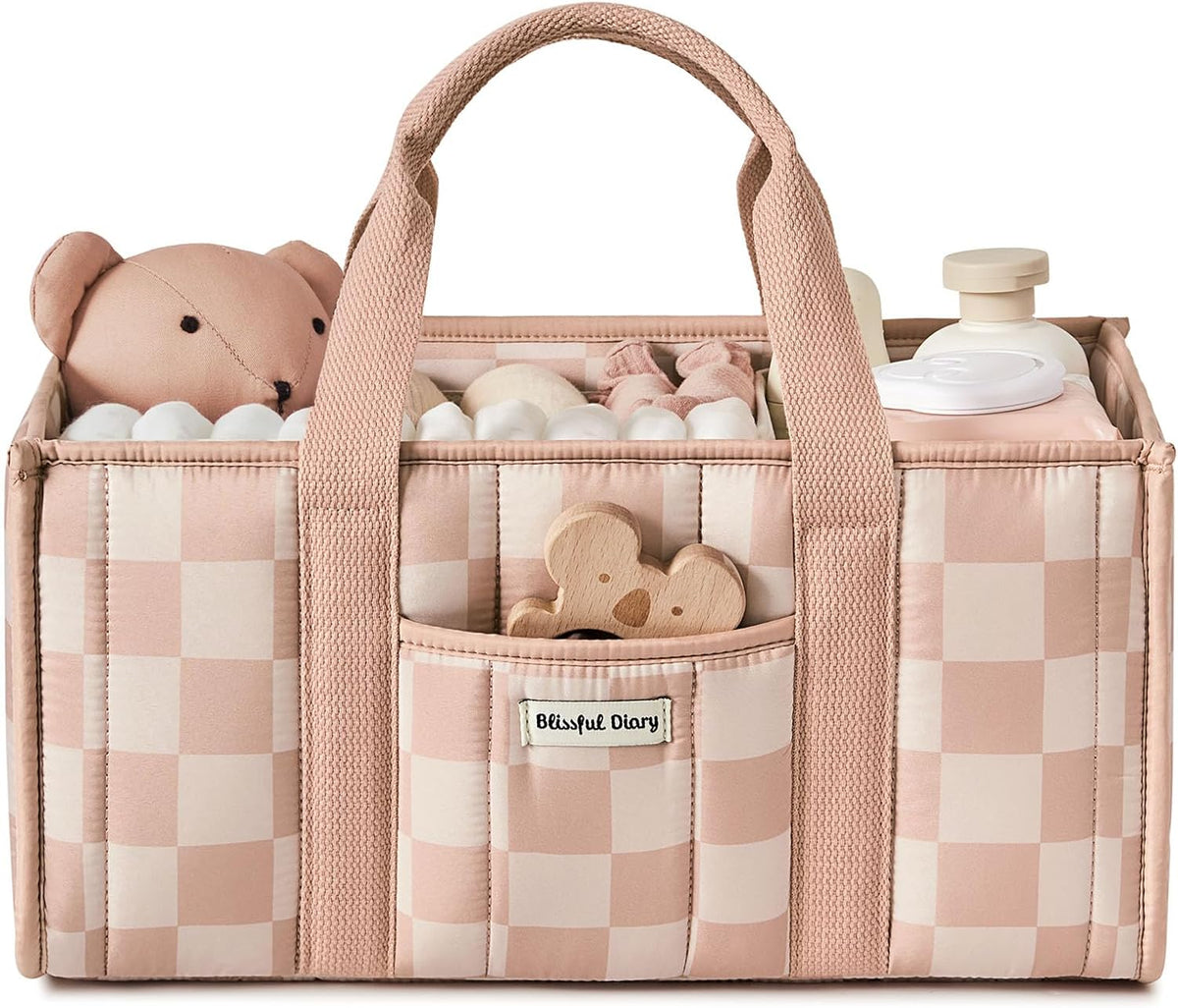 Blissful Diary Checkered Diaper Caddy Organizer, Storage Basket, Pink