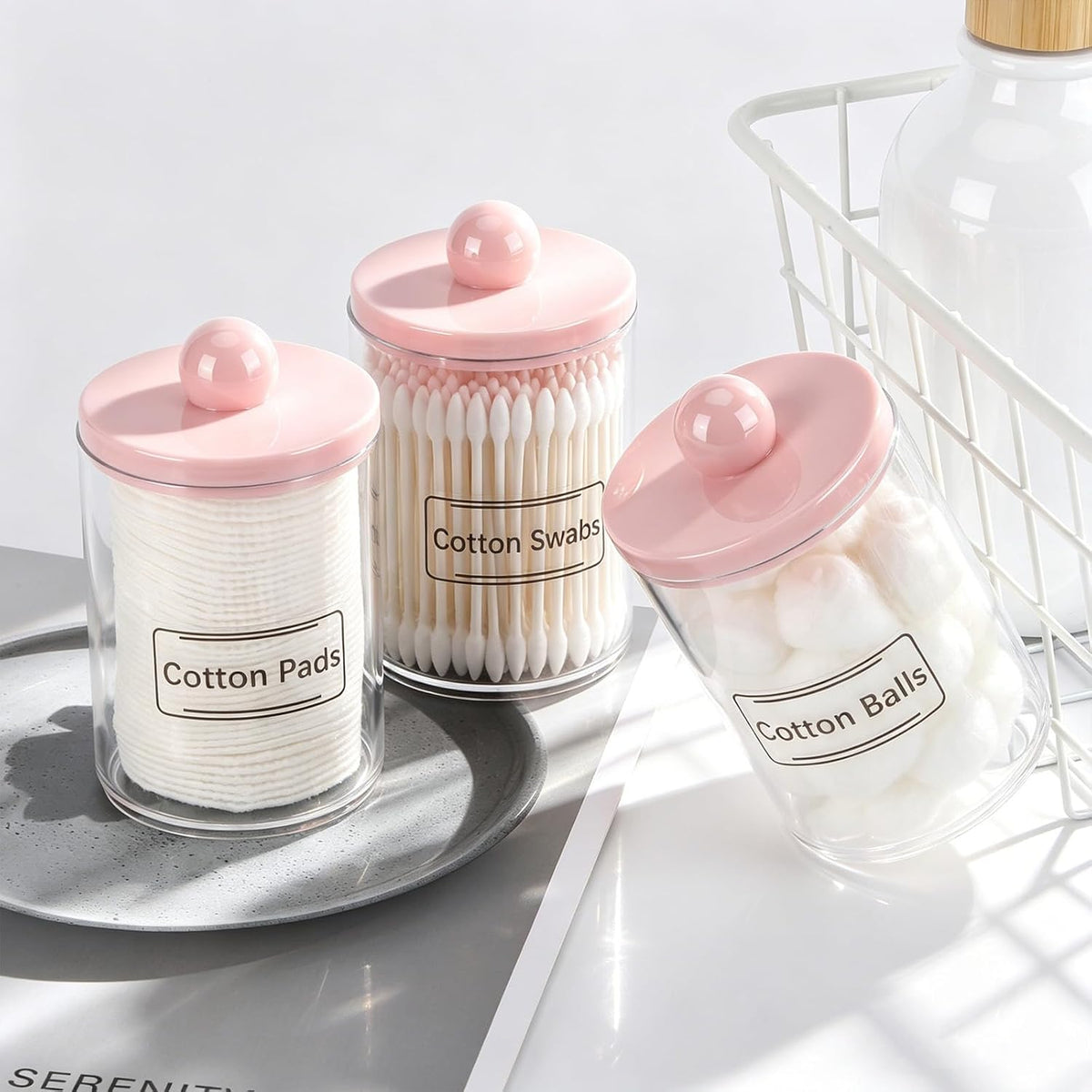 Tbestmax Qtip Holder Bathroom Canisters, 10 oz Bathroom Jars with Pink Lids for Cotton Ball Swab Pad Storage Dispenzer - Pack of 4