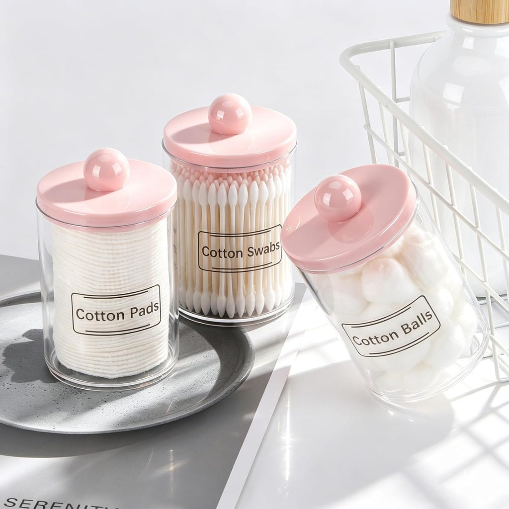 Tbestmax 3 Pack Qtip Holder Bathroom Canisters, 10 oz Cotton Swab Holder Jars for Cotton Ball Storage Dispenzer - Pink Lids