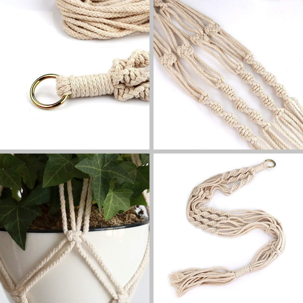 LANGUGU Set of 2 Macrame Plant Hanger with Metal Ring Wall Hanging Planter Basket for Indoor Outdoor Flower Pot Plant Holder Wall Art Vintage-Inspired Home Decor,Jute Rope, 4 Legs (36 inch)