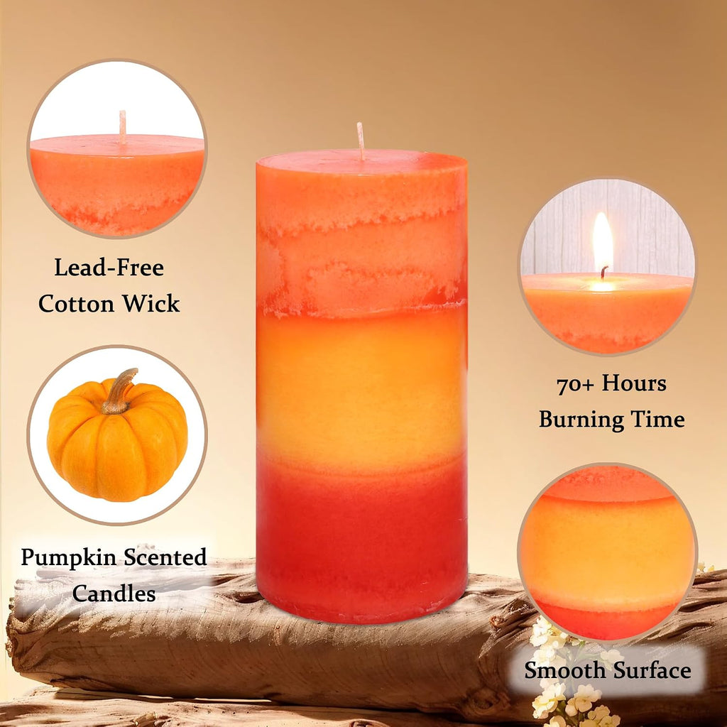 3×6 Inch Orange Pillar Candles, Pumpkin Scented Pillar Candles - Long Burning 70+ Hours, Dripless & Smokeless, Aromatherapy Candles for Thanksgiving Fall Décor, Set of 3