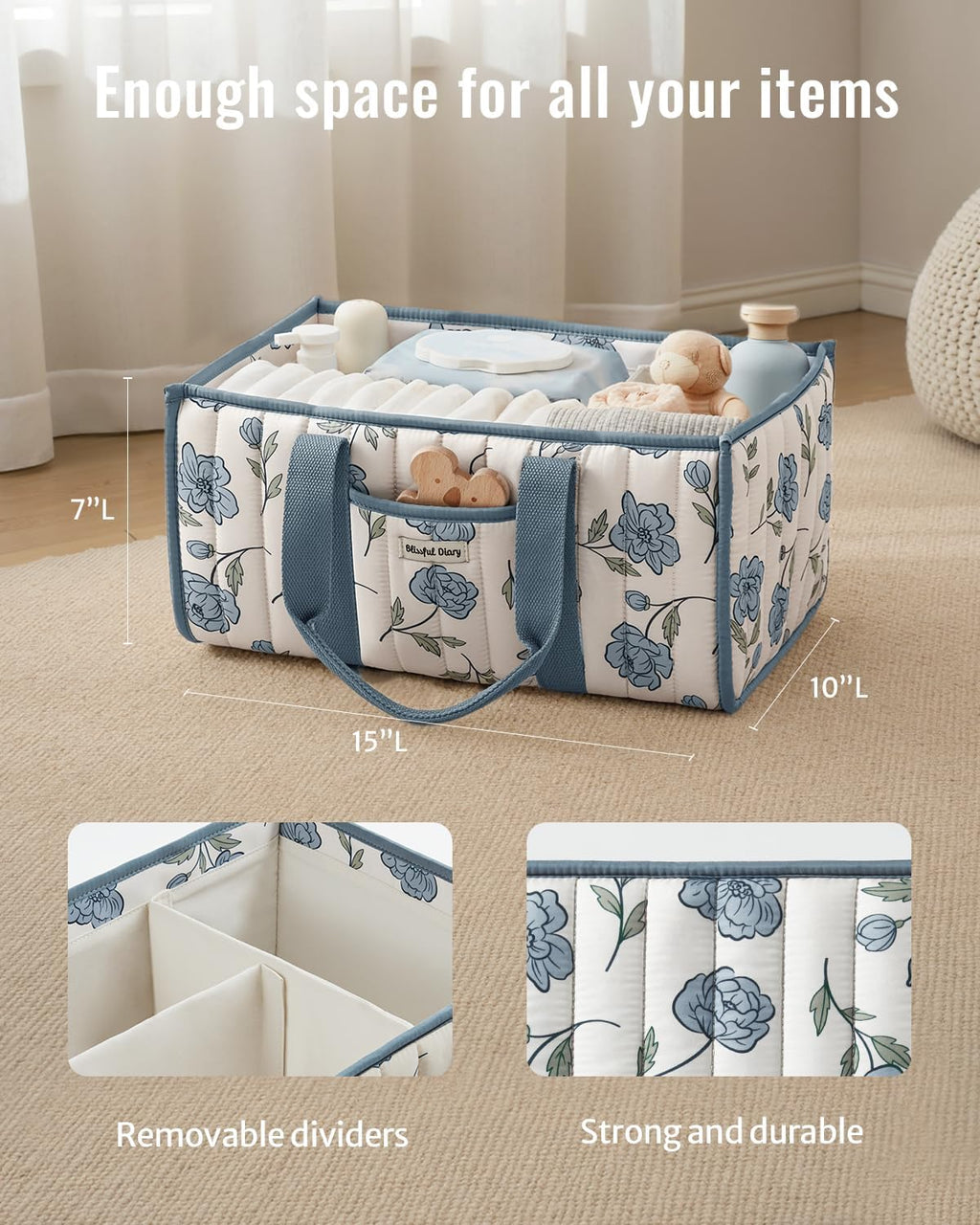 Blissful Diary Floral Diaper Caddy Organizer, Peony Blue