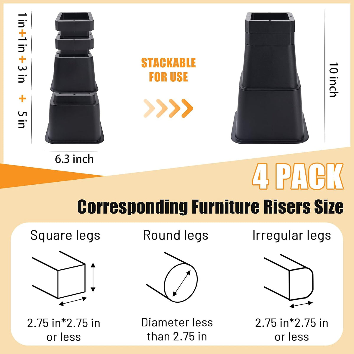 BTSD-home Adjustable Bed Risers, 3 to 10 Inch Heights