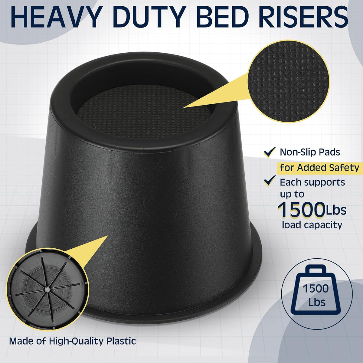 Heavy Duty Bed Risers – Adjustable Furniture Risers for Beds, Sofas, Tables, and Chairs – Supports up to 1500 Lbs(4 Inch,Unstackable,Set of 15)