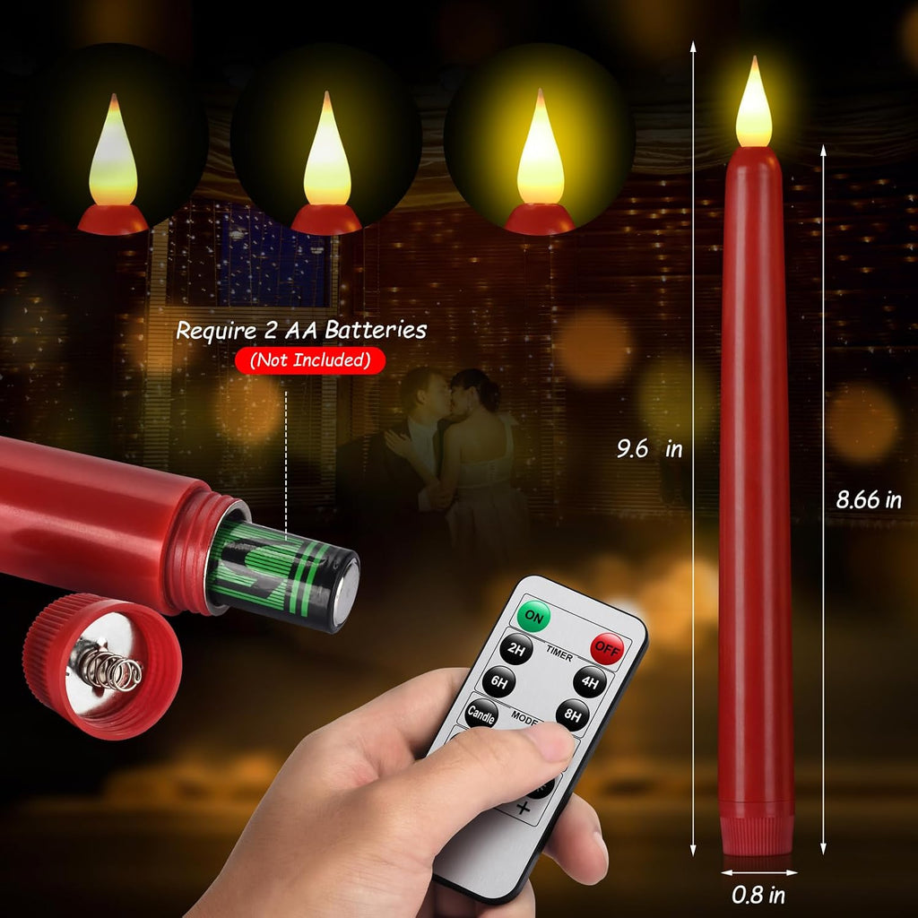 Flameless Taper Candles with Remote Control and Timer, Battery Operated LED Candlesticks with Flickering 3D Flame, 9.6×0.8 Inches Plastic Tall Candles for Christmas, Wedding and Home Decor (Red, 15)