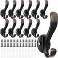 Heavy Duty Wall Hooks, Black, Metal Mounting Hardware, 6-Pack, Double Prong Design, Decorative Coat Hangers with Screws, Anchors (12, Vintage)
