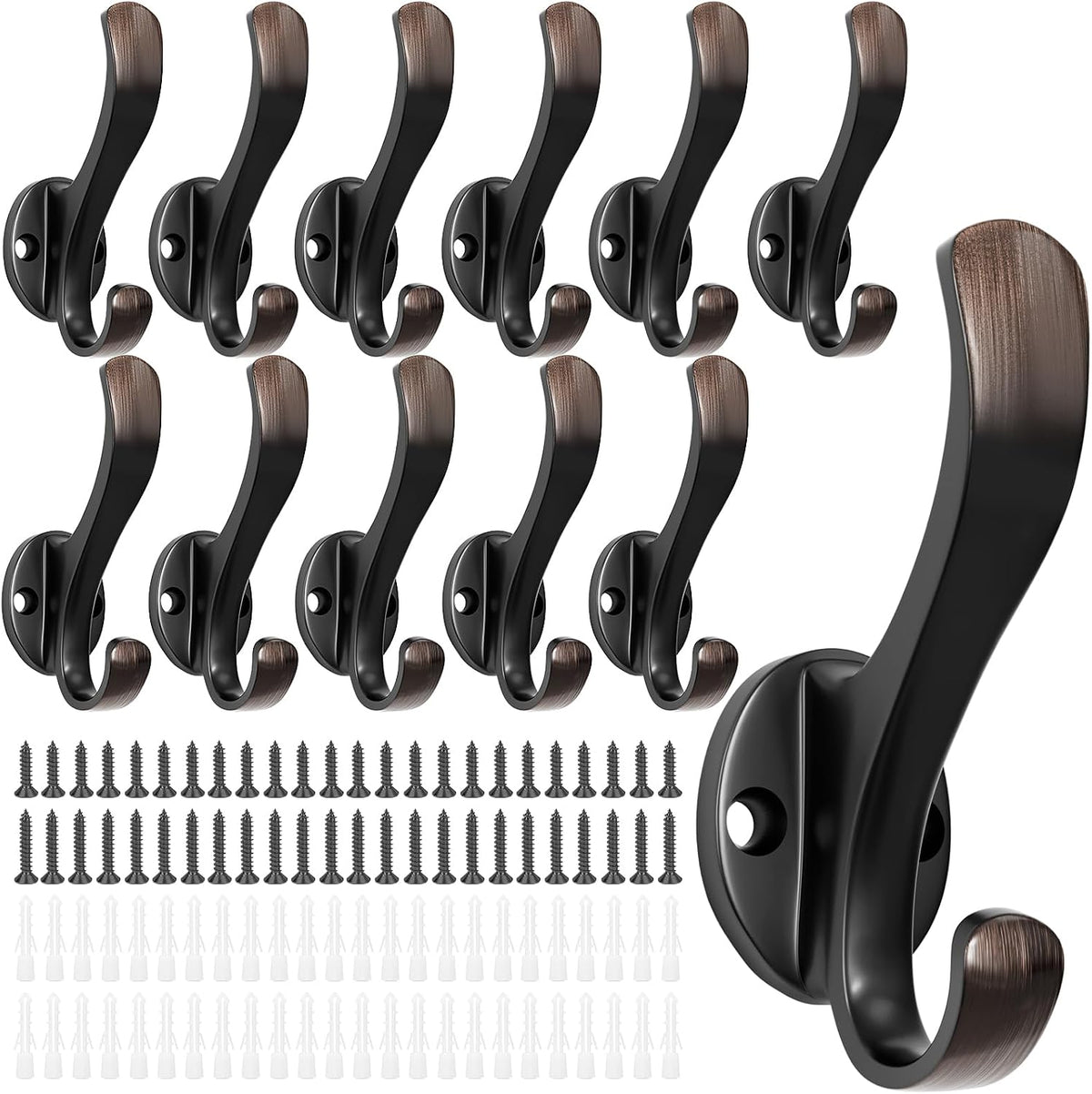 Heavy Duty Wall Hooks, Black, Metal Mounting Hardware, 6-Pack, Double Prong Design, Decorative Coat Hangers with Screws, Anchors (12, Vintage)