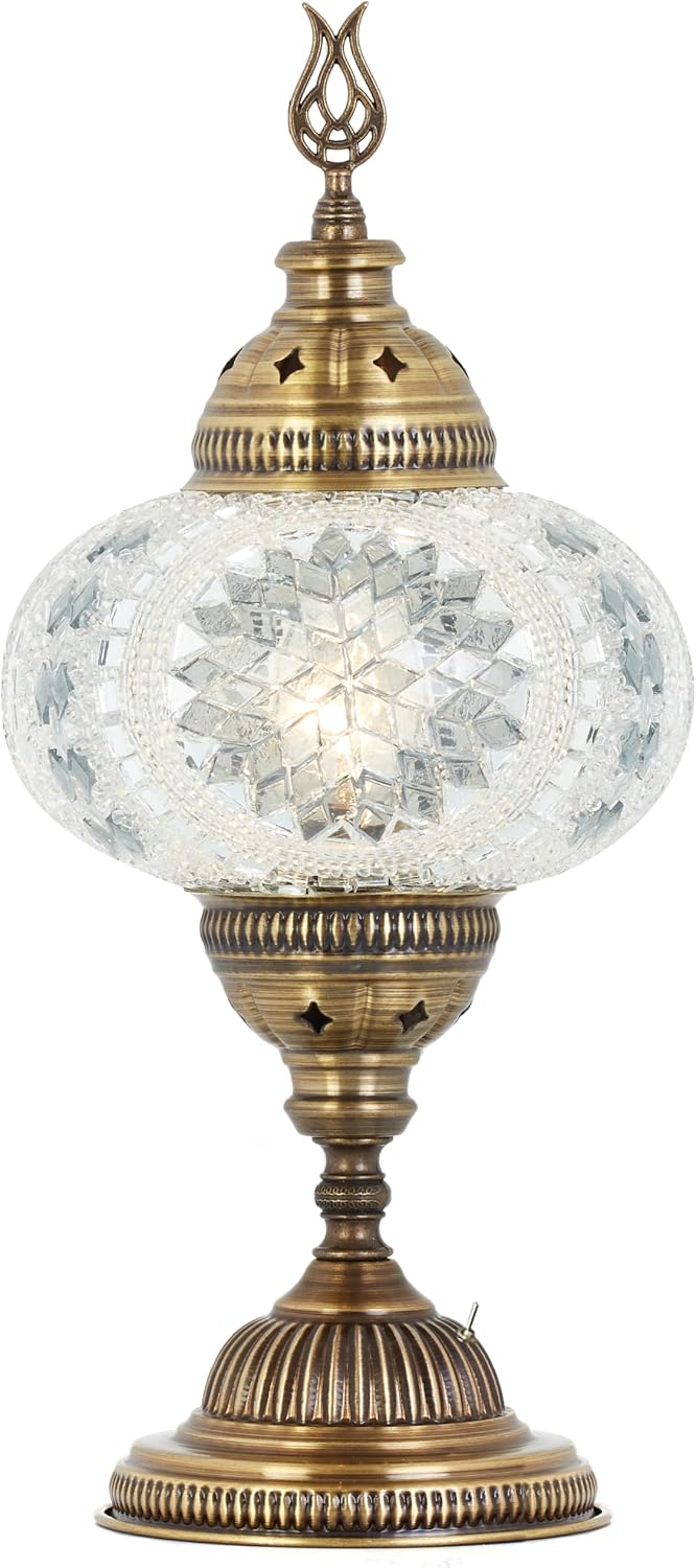 Turkish Moroccan Mosaic Battery-Operated Table Lamp – 12” H, 5” W, Portable Stained Glass Lantern for Indoor & Outdoor Use, Cordless Handmade Decorative Light for Bedroom, Patio & Camping, White Clear
