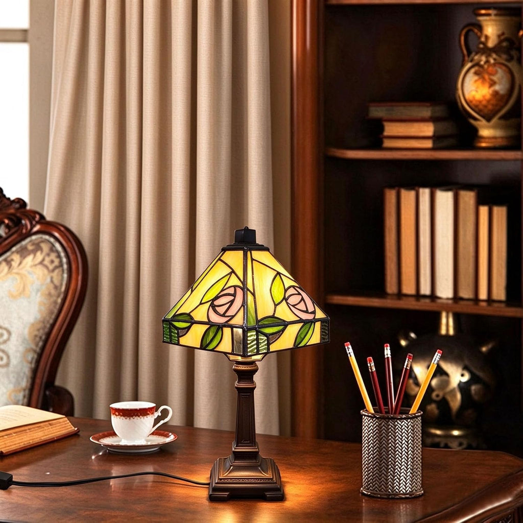 Tiffany Style Lamp Hand-Made Pink Rose Stained Glass Table Lamps