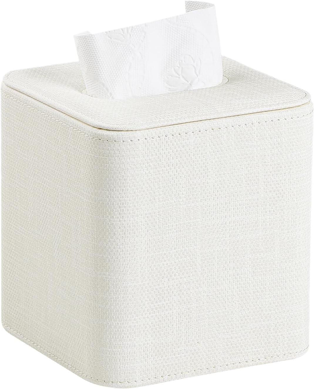Square Tissue Box Cover PU Leather Tissue Box Holder Cube (Cream)