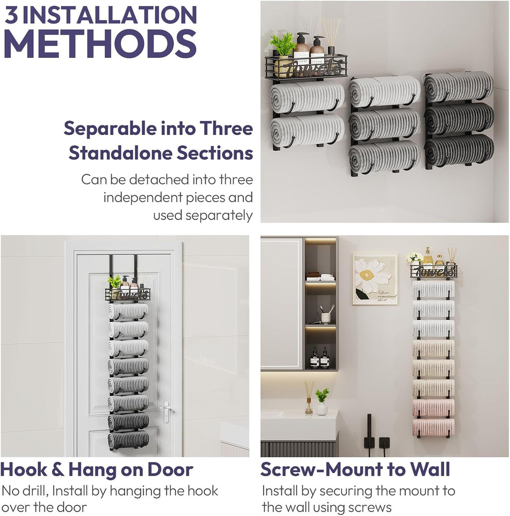 SWTYMIKI Hanging Towel Racks for Bathroom - 9 Tier Over the Door & Wall Mounted Bath Rolled Towel Storage Organizer Holder for Small Bathroom, RV, Camper, Black (Patented)