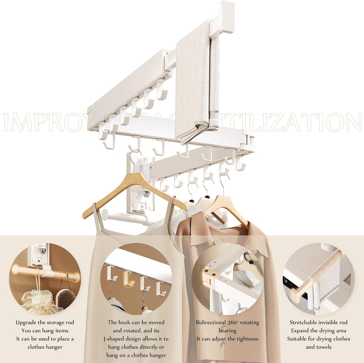Wall Mounted Collapsible Clothes Drying Rack, Space-Saving Laundry Drying Rack Clothing Hanger, Durable Foldable Design Extends Left, Right & Up for Upgraded Versatility