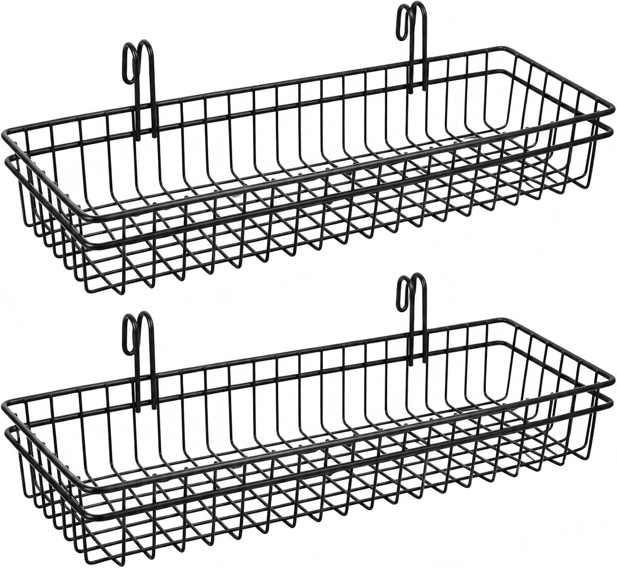 ANZOME Grid Wall Baskets, 2 Pack Black Hanging Wire Basket Shelves for Kitchen Pantry Wall Storage, Metal Mesh Organizer with Hooks for Fruits, Spices, Plants and Small Supplies