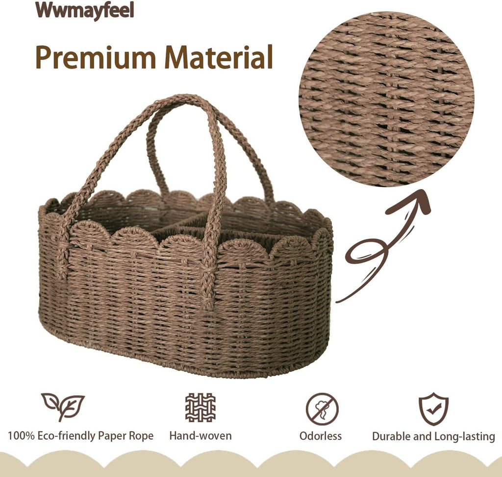 Diaper Caddy Organizer, Paper Rope Storage Baskets Nursery Bin with Removable Divider, Portable Car Organizer for Diapers, Baby Shower Gifts, Newborn Essentials Must Haves (Brown)