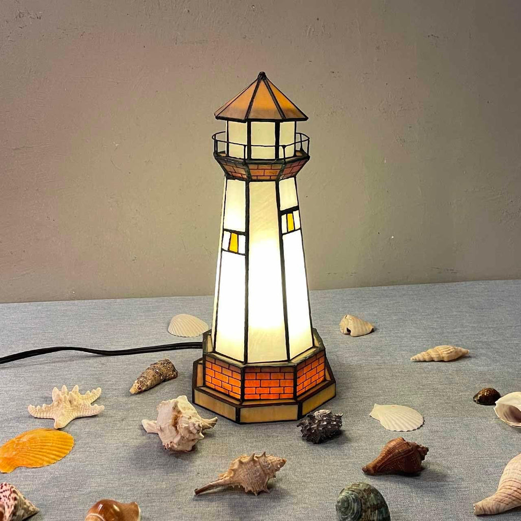 Bieye L10626 Lighthouse Tiffany Style Stained Glass Accent Table Lamp Night Light for Home Decoration (6x6x12, Orange)