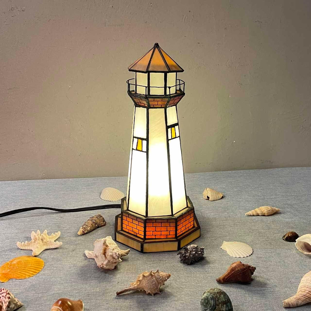Bieye L10626 Lighthouse Tiffany Style Stained Glass Accent Table Lamp Night Light for Home Decoration (6x6x12, Orange)