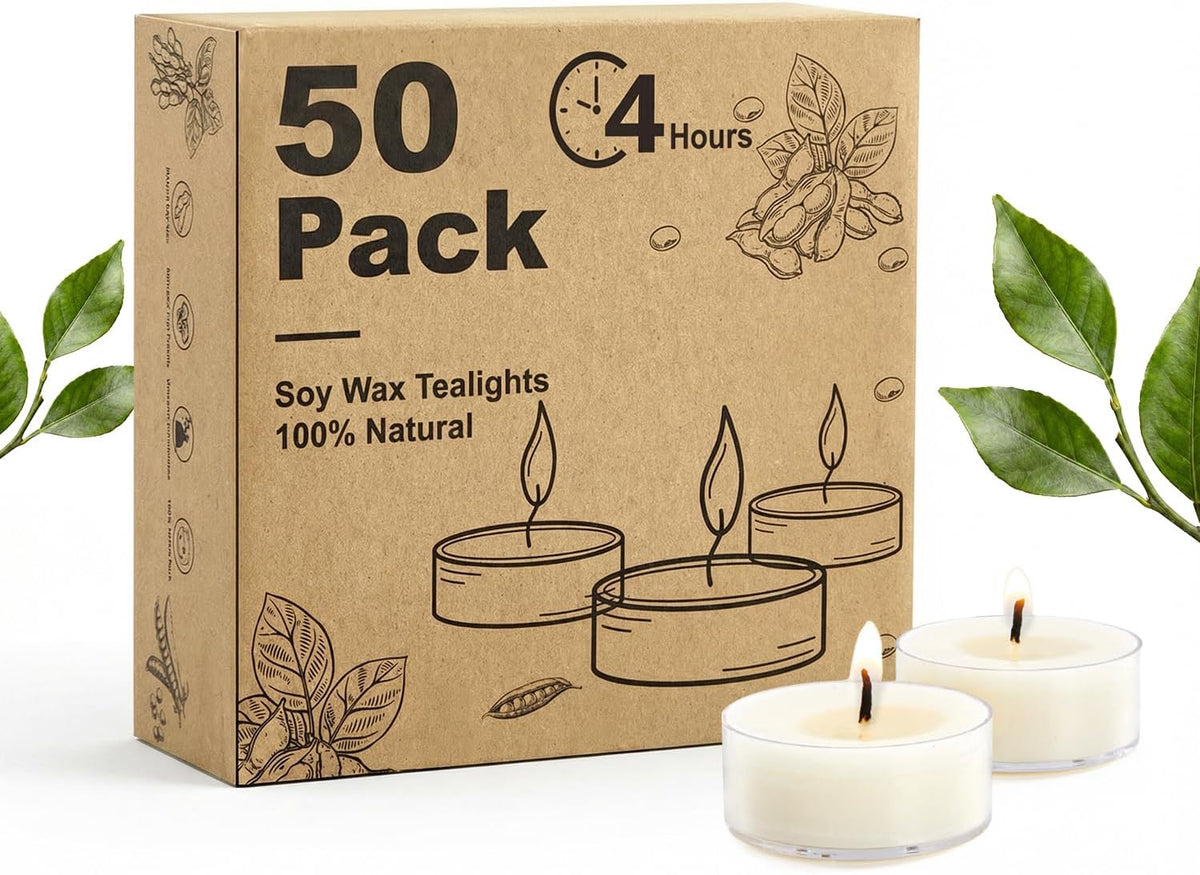 Unscented Soy Tea Lights Candles 50 Pack Bulk,4 Hour Clean Burn Tea Candles