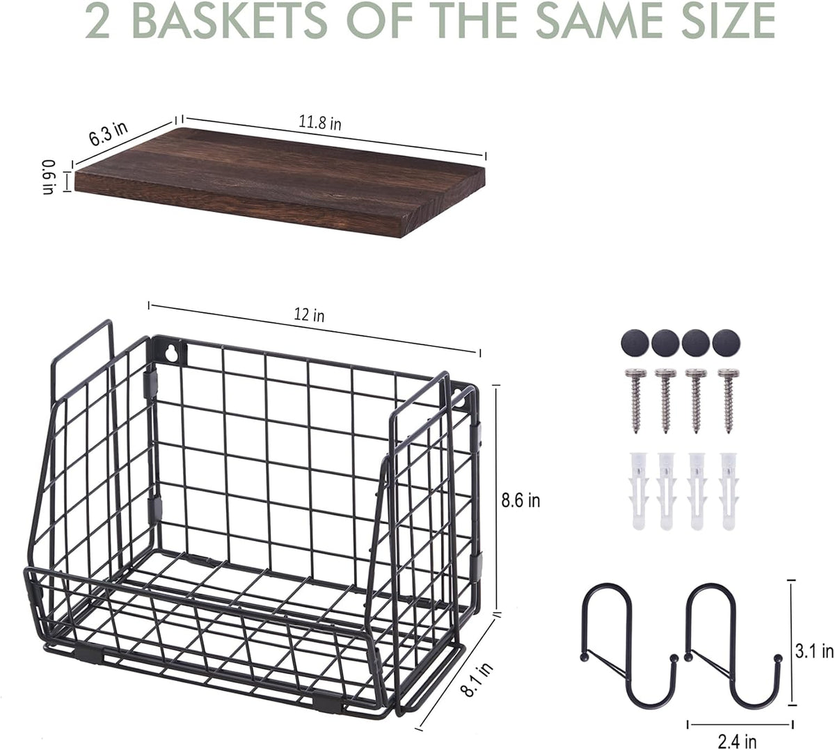 Wall Hanging Baskets 2 Pack Wooden Top Floating Wire Shelves (Large)