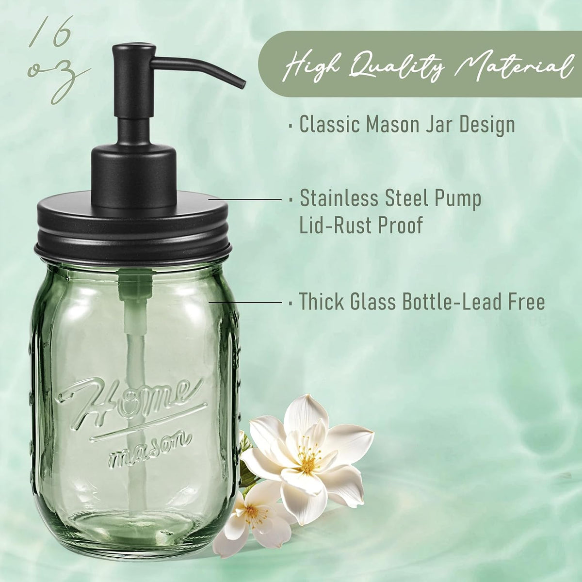 SheeChung Green Glass Mason Jar Liquid Soap Dispenser, 16oz, Black, 1 Pack