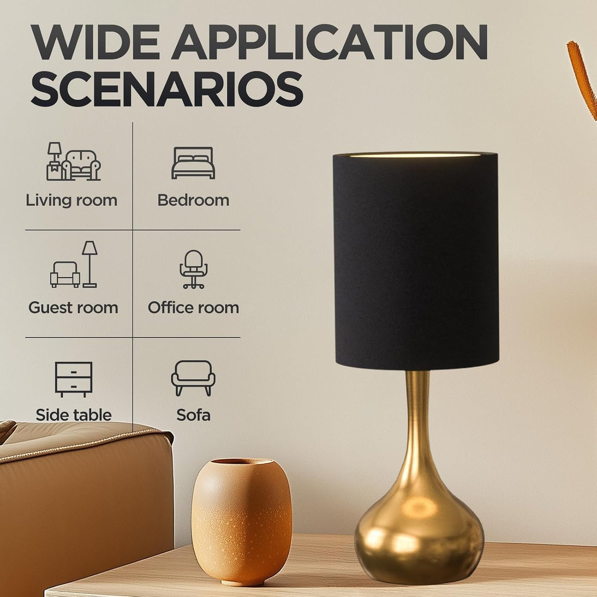 KUNJOULAM Modern Table Lamp, 17.3" Small Desk Light with Brass Metal Droplet Base, Black Cylinder Linen Drum Shade, Nightstand Lamp for Bedroom Living Room Nightstand Office