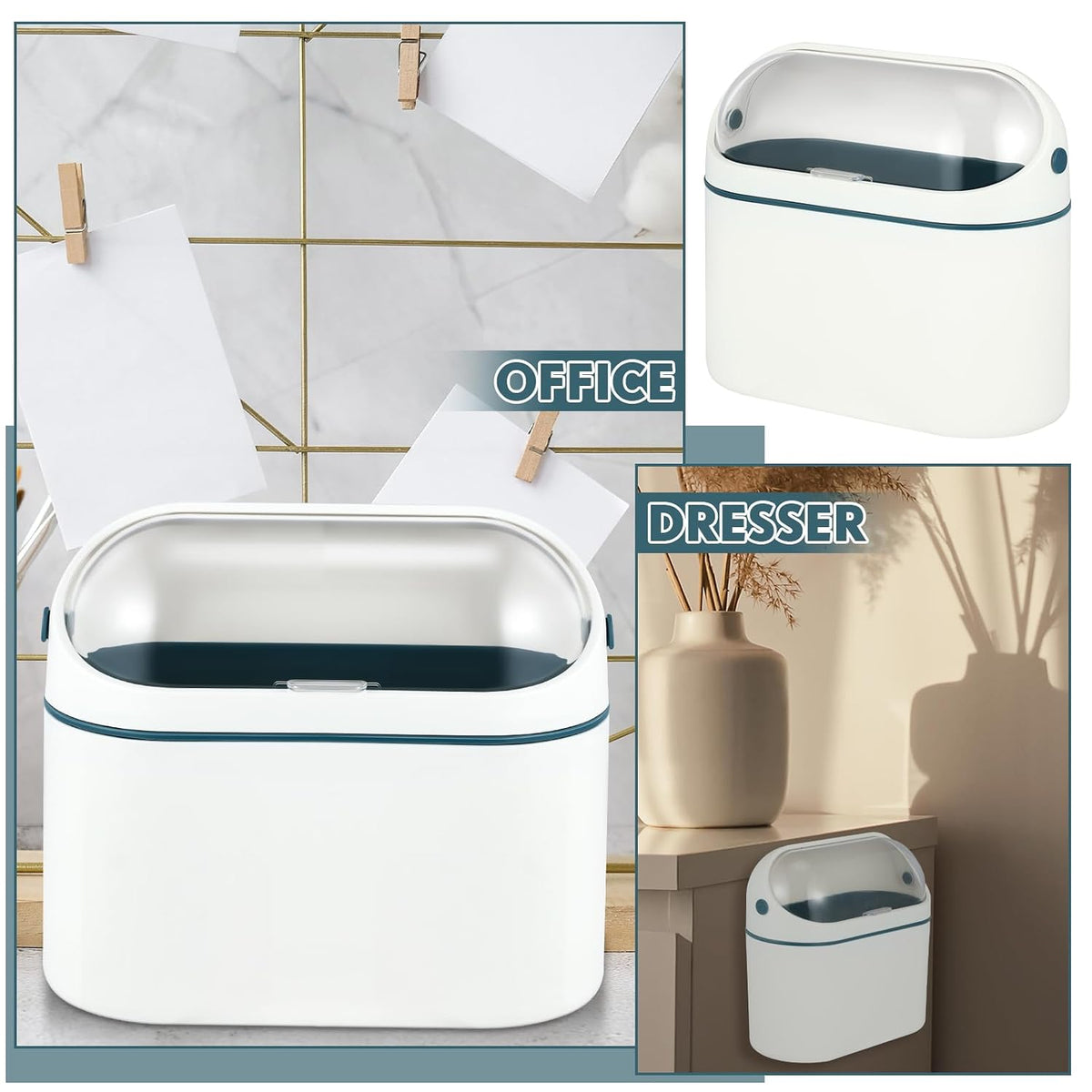 Bokon 2 Pack Mini Trash Can with Lid, 0.5 Gal Small Wall Mounted Trash Bin for Bathroom Vanity, Desk, Countertop, Cabinet Door and Office, Includes 120 Trashbags, White