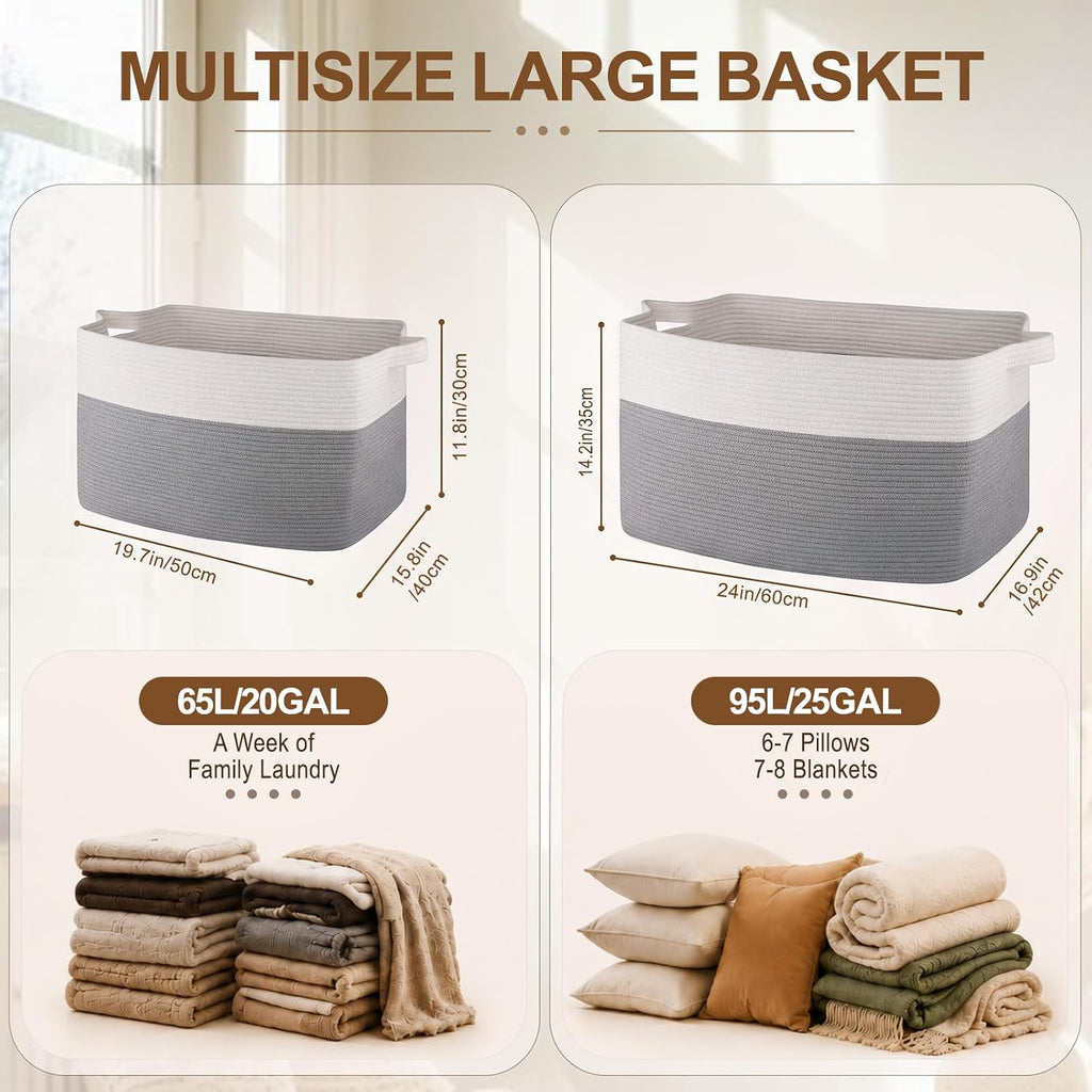 OIASKET Blanket Basket for Living Room, Cotton Rope Basket for Storage, Toy Baskets Bin for kids, Woven Baskets with Handles for Clothes, Towels, Pillows, 20" x 16" x 12", Grey and White