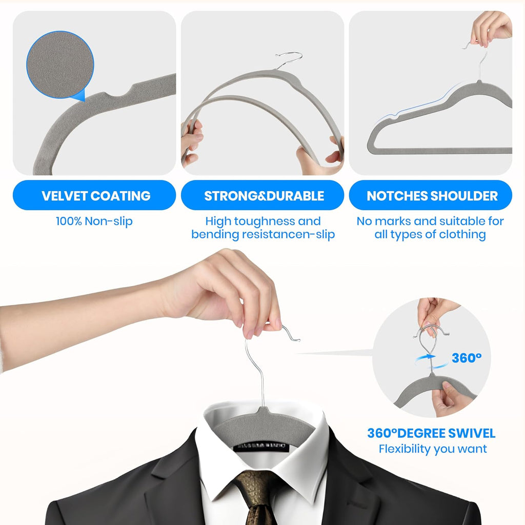 YSSOA Velvet Hangers 70 Pack, Non-Slip Clothes Hangers with Shoulder Notches, 360° Swivel Hooks, Heavy Duty Standard Hanger for Closet Space Saving, Grey