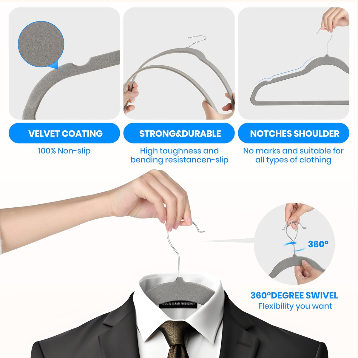 YSSOA Velvet Hangers 70 Pack, Non-Slip Clothes Hangers with Shoulder Notches, 360° Swivel Hooks, Heavy Duty Standard Hanger for Closet Space Saving, Grey