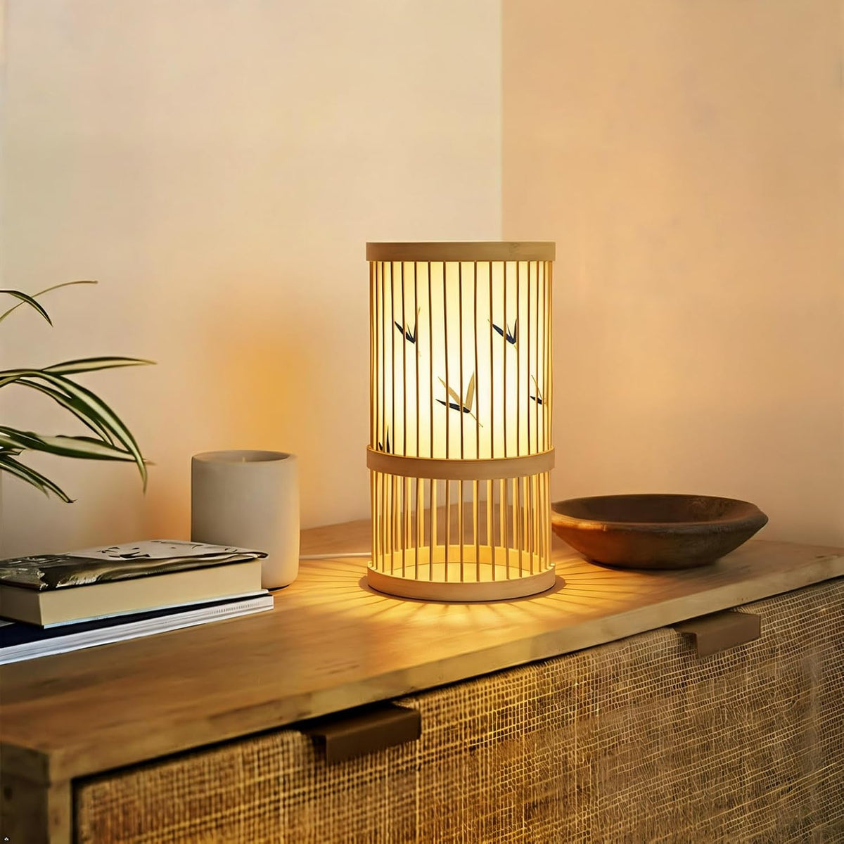 AFORTLO Table Desk Lamp,Janpandi Bamboo Boho Decorative Nightstand Night Light Japanese Hollow-Out Lamp Home Decor for Bedroom,Living Room,End Table or Office with Bulb(Bamboo Leaves)