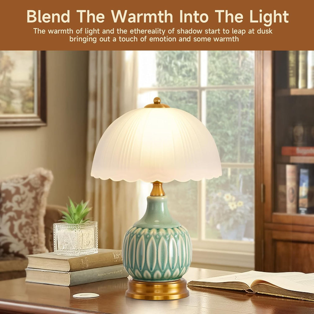 Table Lamps Ceramic Retro Lamp for Living Room,15." Modern Bedside Nightstand Traditional Lamps, Classic Chinoiserie Green Glass Lamp for Home (Retro)